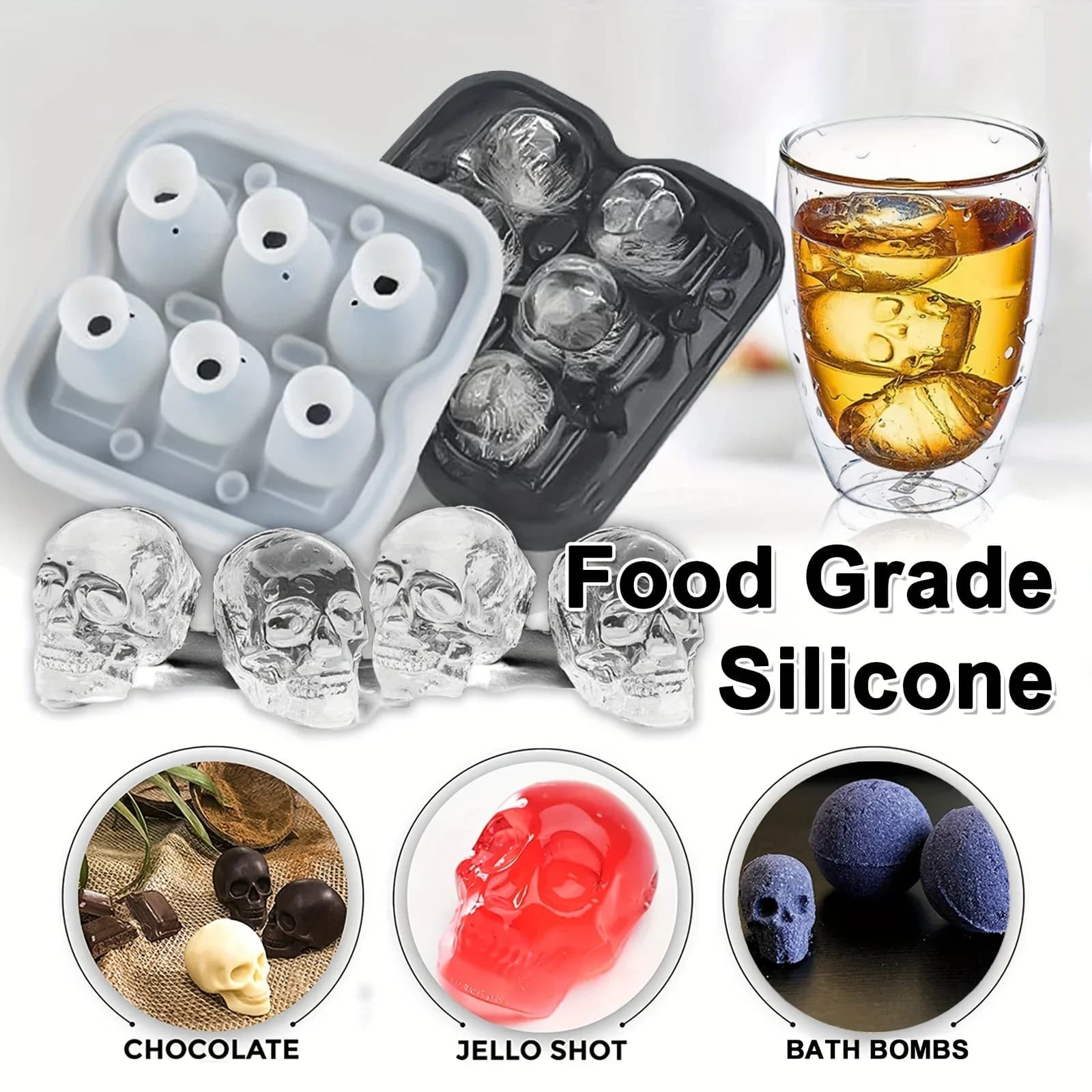 Silikonski 3D kalup za led u obliku lubanje, BPA Free kalup za koktele