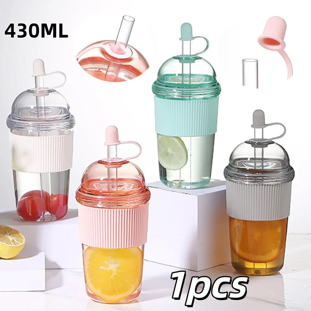 Prijenosna plastična čaša sa slamkom na preklop 430ml, za vodu, kavu i sok